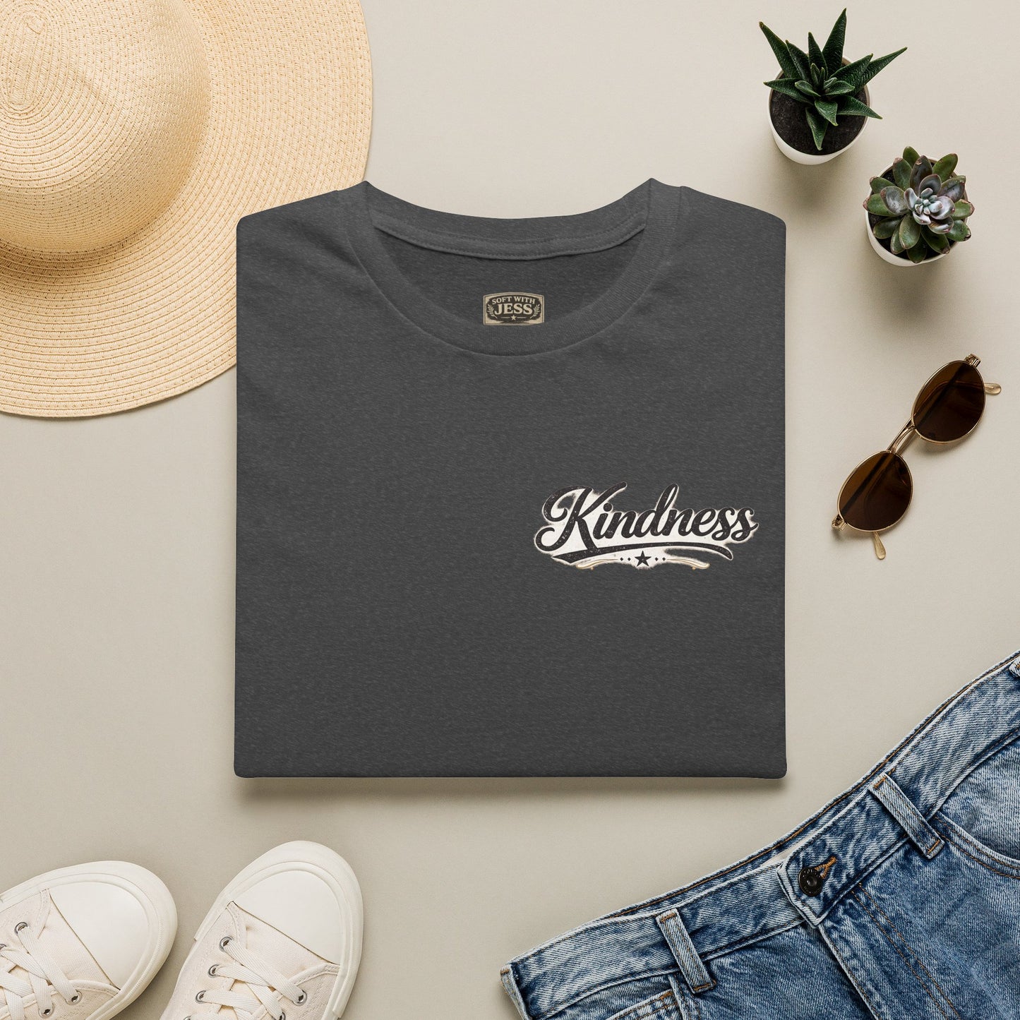 Kindness script logo T-Shirt | Retro script chest design