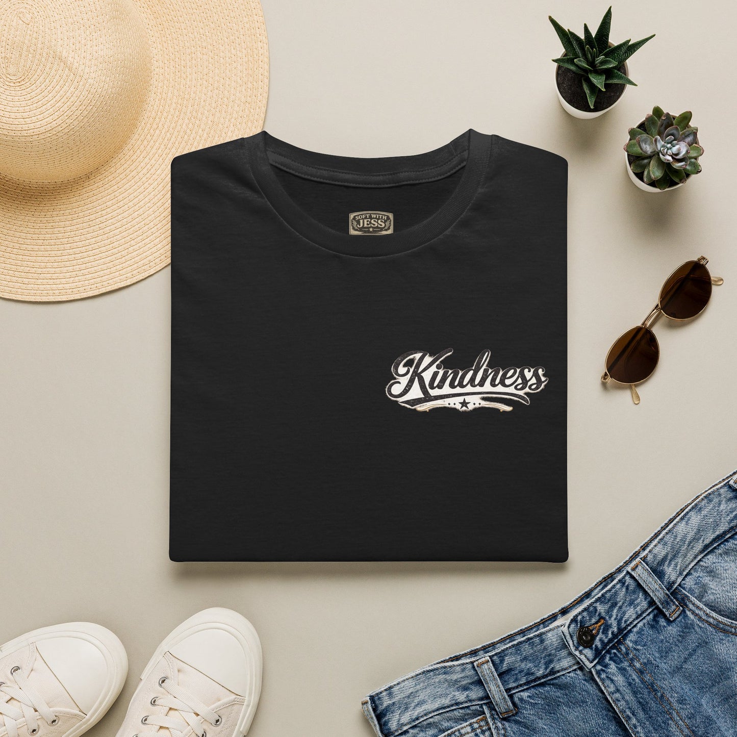 Kindness script logo T-Shirt | Retro script chest design