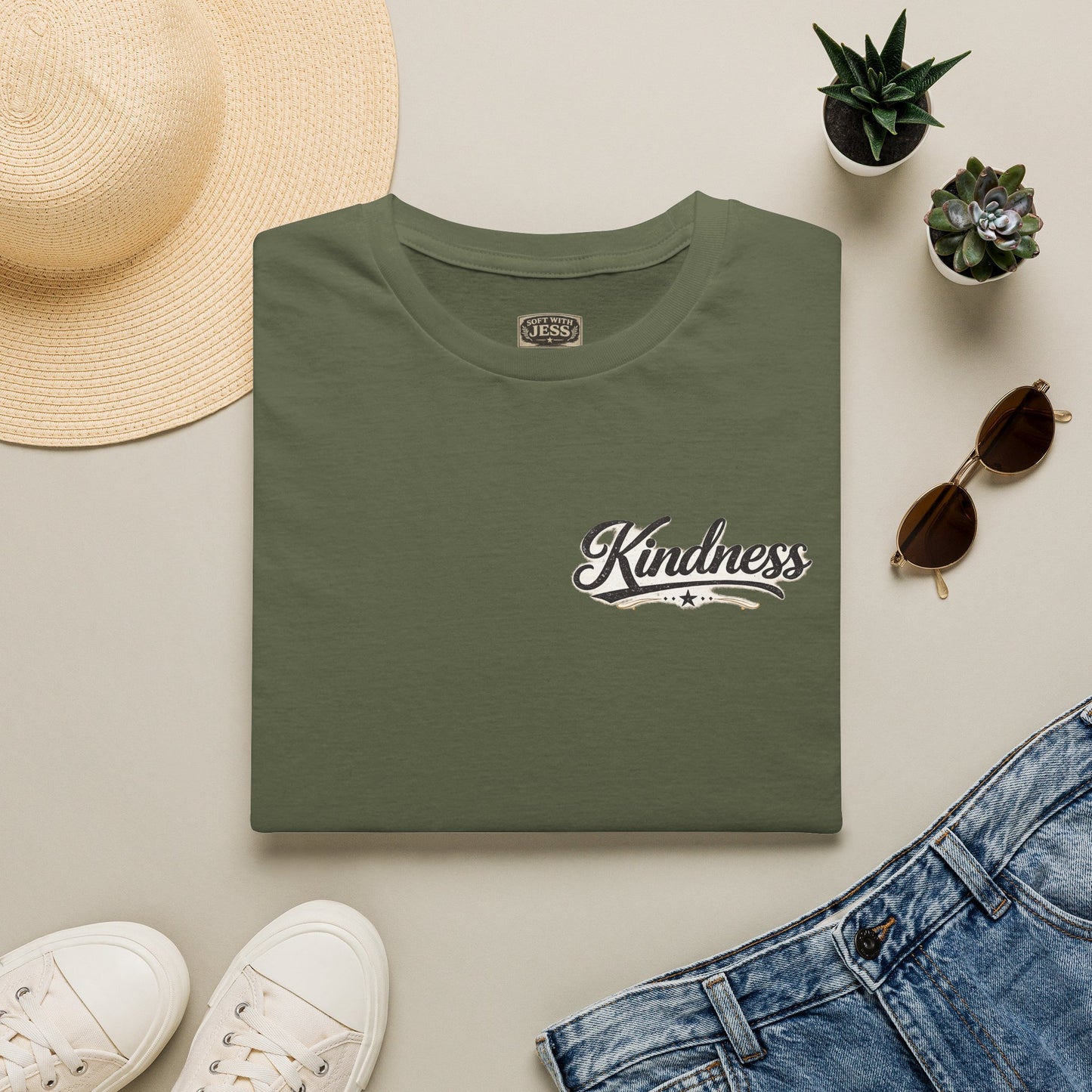 Kindness script logo T-Shirt | Retro script chest design