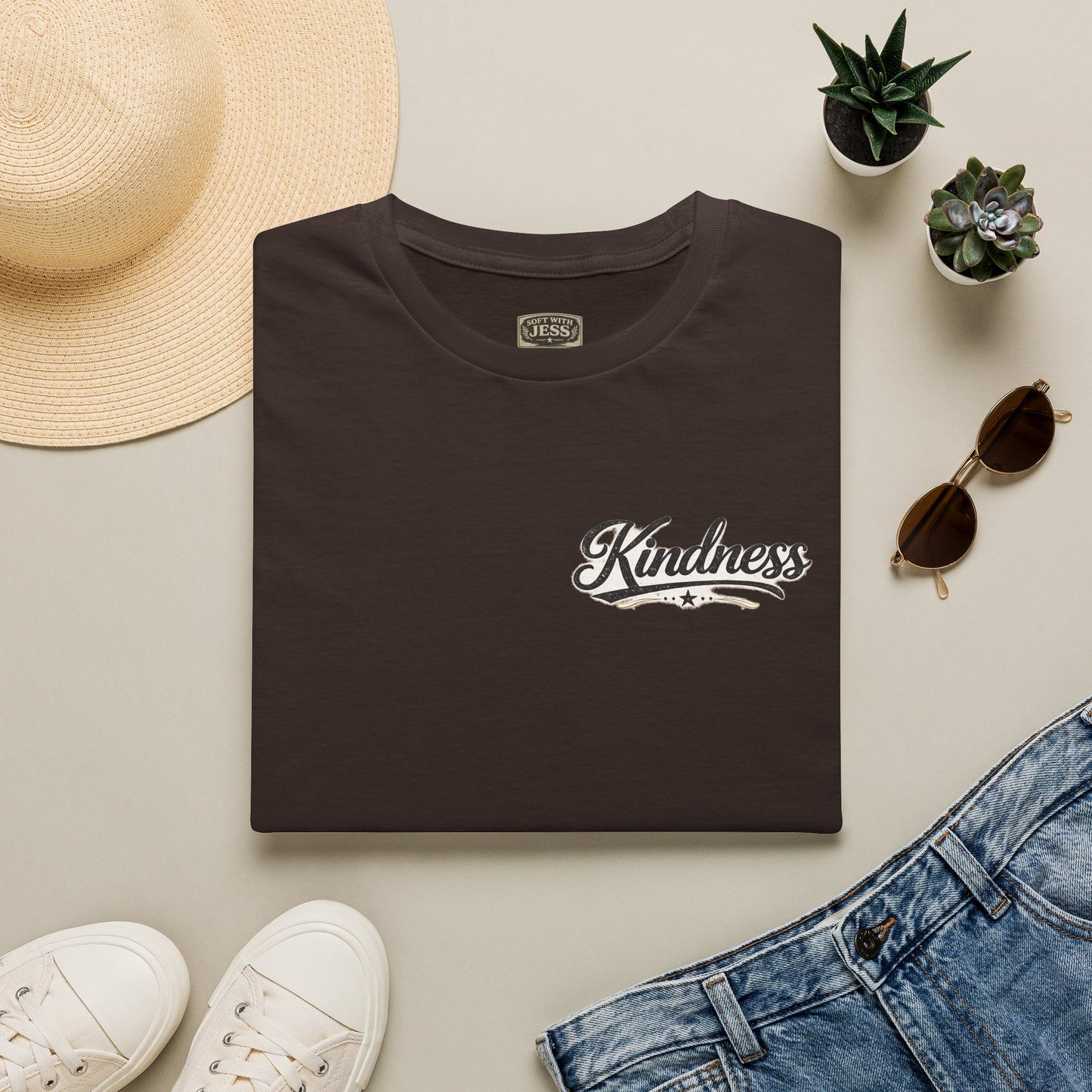 Kindness script logo T-Shirt | Retro script chest design